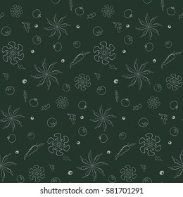 Vegetable seamless pattern consisting of contour elements. Hand drawn vegetables in light gray on a dark green background. Flat illustration with natural food