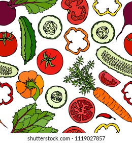 Vegetable Seamless Pattern with Cucumbers, Red Tomatoes, Bell Pepper, Beet, Carrot. Fresh Green Salad. Healthy Vegetarian Food. Hand Drawn Illustration. Doodle Style.