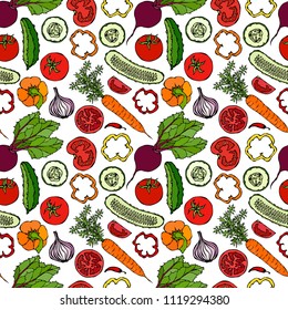 Vegetable Seamless Pattern with Cucumbers, Red Tomatoes, Bell Pepper, Beet, Carrot, Onion. Fresh Green Salad. Healthy Vegetarian Food. Hand Drawn Illustration. Doodle Style.