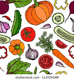 Vegetable Seamless Pattern with Cucumbers, Red Tomatoes, Bell Pepper, Beet, Carrot, Onion, Garlic, Chilli, Pumpkine. Fresh Green Salad. Healthy Vegetarian Food. Hand Drawn Illustration. Doodle Style.