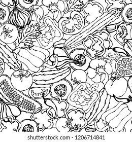 Vegetable Seamless Pattern with Cucumbers, Red Tomatoes, Bell Pepper, Beet, Carrot, Onion, Garlic, Chilli. Fresh Green Salad. Healthy Vegetarian Food. Hand Drawn Illustration. Doodle Style.