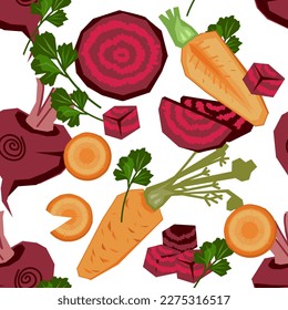 Diseño de patrón inmaculado de verduras con remolacha y zanahoria para utensilios de cocina y envoltura de alimentos. Diseño de patrones sin costura de remolacha y zanahoria para el diseño de tejidos de cocina, ilustración vectorial plana.