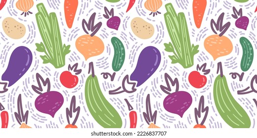 Vegetable seamless pattern. Doodle vegetables on a white background. For fabric, printing, cloth, wallpaper, wrapping, web page, menu, kitchen. Vector illustration.