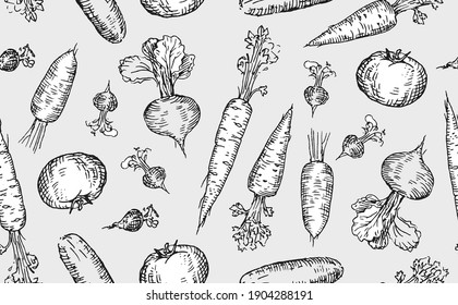 Vegetable seamless pattern. Engraving hand drawn print of raw food. Vector illustration.