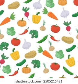 Nahtloses Gemüsemuster. Frisches Essen Salat Zutat. Gesundes Essen. Handgezeichnetes, einfaches Vektordesign. Menüdruck, Lebensmitteleinkauf, Diät.