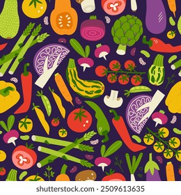 Patrón sin fisuras vegetal. Impresión vegetal orgánica fresca para la cocina, menú, diseño del paquete de la comida. Ilustración vectorial plana dibujada a mano. Fondo lindo sano de la cocina.