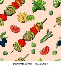  Vegetable Seamless Pattern. Grilled vegetables, Spinach, basil, tomato, black olives, lemon, oregano. Сartoon style illustration. Design for wallpaper, fabric, cafe, print, packaging, background.