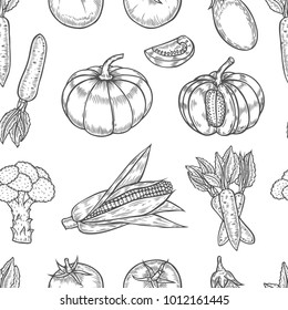 Vegetable seamless pattern. Hand drawn vintage vector background. Vegetarian set of farm market products. Detailed organic food drawing. Great for menu, poster, print, wallpaper, fabric