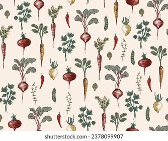 Vegetable seamless pattern. Hand drawn vintage vector background. Vegetarian , Design for fashion , fabric, textile, wallpaper , wrapping and all prints 