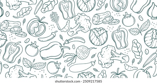 Padrão sem costura vegetal com desenho à mão doodle line art. Ilustração vetor de cores monocromáticas.
