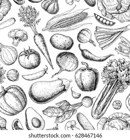Vegetable Seamless Pattern. Hand Drawn Vintage Vector Background. Vegetarian Set Of Farm Market Products. Detailed Organic Food Drawing. Great For Menu, Poster, Print, Wallpaper, Fabric