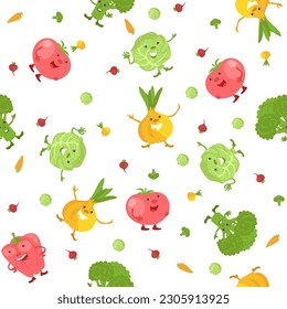 Vegetable seamless pattern. Happy cartoon characters. Cabbage and tomato with smiling faces. Funny onion and broccoli. Vegan products. Vegetarian eating. Cute print
