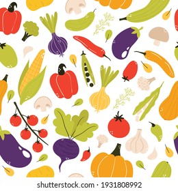 Vegetable seamless pattern. Healthy food background. Tomato, bell pepper, broccoli, garlic, zucchini, cherry tomato, pumpkin, onion... Organic, fresh, delicious vegetables. Flat vector illustration. 
