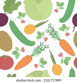 Vegetable seamless pattern. Healthy food background. Cabbage, tomato, cucumber, onion, beetroot, carrot, radish, potato. Organic, fresh, delicious vegetables. Flat vector illustration.