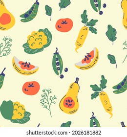 Patrón de verduras sin foco. Textura de dibujos animados nutritivos saludables. Tomate, daikon, col, eneldo, lechuga, calabaza, guisantes. Cocina textil, fondo vegano. Dibujar mano ilustraciones de vectores de alimentos orgánicos.