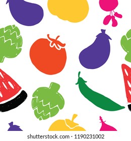 Vegetable seamless pattern. Illustration of eggplant, watermelon, pumpkin, beet, tomato articvoke Vector Textile design