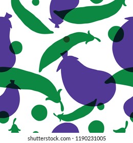 Vegetable seamless pattern. Illustration of eggplant and peas. Vector Textile design
