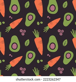 Vegetable seamless pattern with illustrations of avocado, carrot, berries. Simple healthy food background with veggies for vegan menu, vegetarian merch, wrapping paper, fabric, wallpaper, packaging.