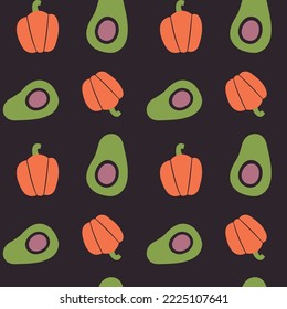 Vegetable seamless pattern with illustrations of avocado, paprika. Simple healthy food background with veggies for vegan menu, vegetarian merch, wrapping paper, fabric, wallpaper, packaging.