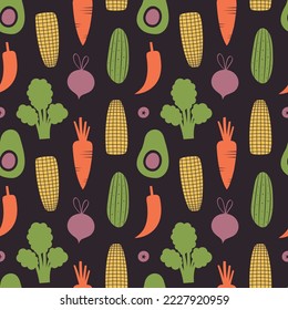 Vegetable seamless pattern with illustrations of avocado, carrot, beet. Simple healthy food background with veggies for vegan menu, vegetarian merch, wrapping paper, fabric, wallpaper, packaging.