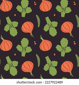 Vegetable seamless pattern with illustrations of onion, pea, broccoli. Simple healthy food background with veggies for vegan menu, vegetarian merch, wrapping paper, fabric, wallpaper, packaging.