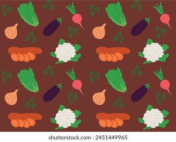 Patrón sin costura vegetal sobre fondo marrón. Ilustración vectorial de batata, cebolla, hierbas frescas, rábano para imprimir, papel de embalaje, textil, Fondo de pantalla.