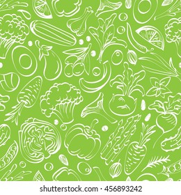 Vegetable seamless pattern on a simple background. Vegetarian theme pattern. Vector pattern for fabrics with broccoli, pumpkin, cauliflower, cabbage, cucumbers, radishes, peppers and other vegetables.