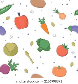 Patrón ininterrumpido vegetal. Patrón vegetal orgánico de los agricultores, tomates, brócoli, col, calabaza, setas y zanahoria