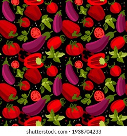 Vegetable seamless pattern. Organic vegetable pattern, tomatoes, pepper, eggplants, coriander leaves, basil and oregano. Hand drawn style vector background for print design or kitchen textile.