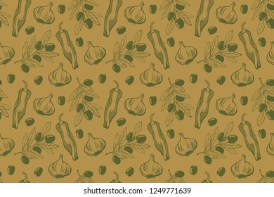 Vegetable seamless pattern with pepper, garlic and olive vector images.