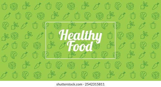 Vegetable seamless pattern. phrase Healthy Food on seamless green background with vegetables line icons