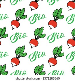 Vegetable seamless pattern with radish and green Bio sign. Farm background or texture for wrapping paper, menu etc.