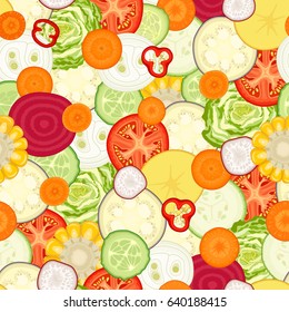Vegetable seamless pattern. A repeating background of sliced various vegetables. Vector illustration.