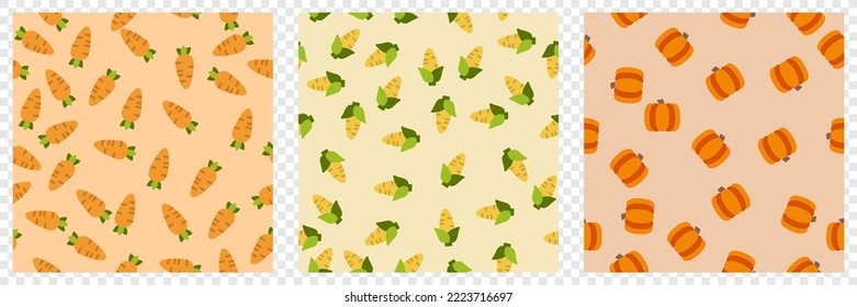 Vegetable seamless pattern set. Carrot, corn and pumpkin. Design elements for baby textile or clothes. Food print for curtain. Vector illustration