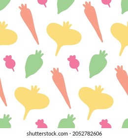 Vegetable Seamless Pattern. Summer Garden Ornament. Bright Veggies On White Background. Cute Vegan Healthy Food Texture. Yellow Turnip, Pink Radish, Orange Carrot, Green Rutabaga. Flat Silhouette.