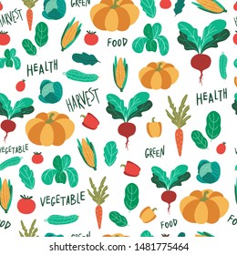 Vegetable Seamless pattern with tomato and pumpkin, cucumber and pepper, corn and cabbage, salad and carrot. Hand drawn cartoon vector illustration of background. 