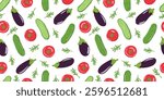 Vegetable seamless pattern with tomatoes, eggplants and cucumbers on white background. Flat food pattern for restaurant, farm market banner
