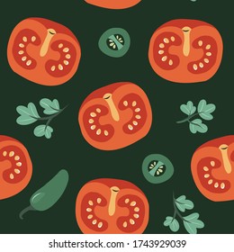 Gemüsenahtloses Muster mit Paprika und Petersilie. Herbsternte. Agrarmarktprodukte. dunkelgrüner Hintergrund.