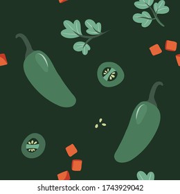 vegetable seamless pattern with tomatoes peppers and parsley. Autumn crop. Farm market products. dark green background.