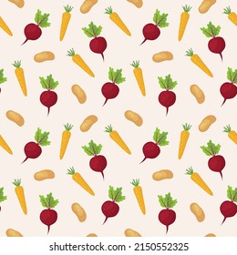 vegetable seamless pattern, top view composition of beetroots, carrots and potatoes, great for wrapping, textile, wallpaper -vector illustration