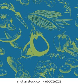 Vegetable seamless pattern. Vector illustration on blue background