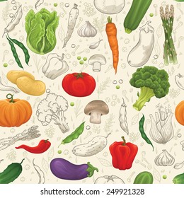 Vegetable seamless pattern with lot of vegetables
