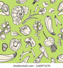Vegetable seamless pattern. Vegetarian set of farm market products. for menu, poster, print, wallpaper, fabric Line