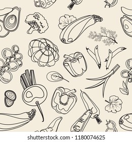 Vegetable seamless pattern. Vegetarian set of farm market products. for menu, poster, print, wallpaper, fabric Line