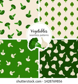 Vegetable seamless patterns set with cauliflower, broccoli, artichokes and garlic, vector illustration