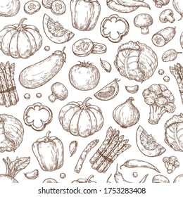 Vegetable seamless sketch pattern. Cabbage, tomato, eggplant, cucumber, pepper, pumpkin. Retro style for print, textile, packaging, backgrounds. 
