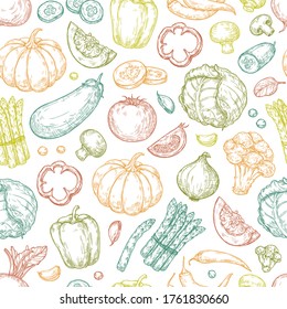 Vegetable seamless sketch pattern. Colorful vegetables on a white background. Cabbage, tomato, eggplant, cucumber, pepper, pumpkin. Retro style for print, textile, packaging, backgrounds.
