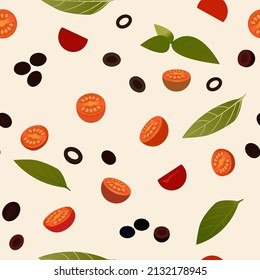 Vegetable Seamless Vector 3d Pattern Of Tomato, Olive And Basil For Backdrop