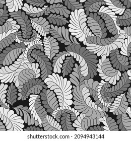 vegetable seamless vector pattern with gray exotic leaves in random arrangement