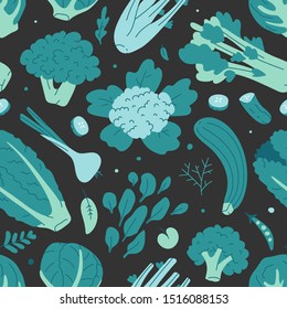 Vegetable seamless vector pattern of green hand drawn fresh tasty vegetarian food. Repeat wallpaper 